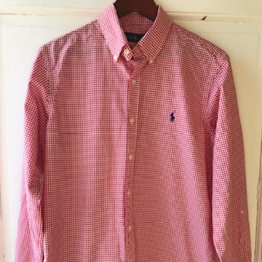 Red and white checkered button down shirt.